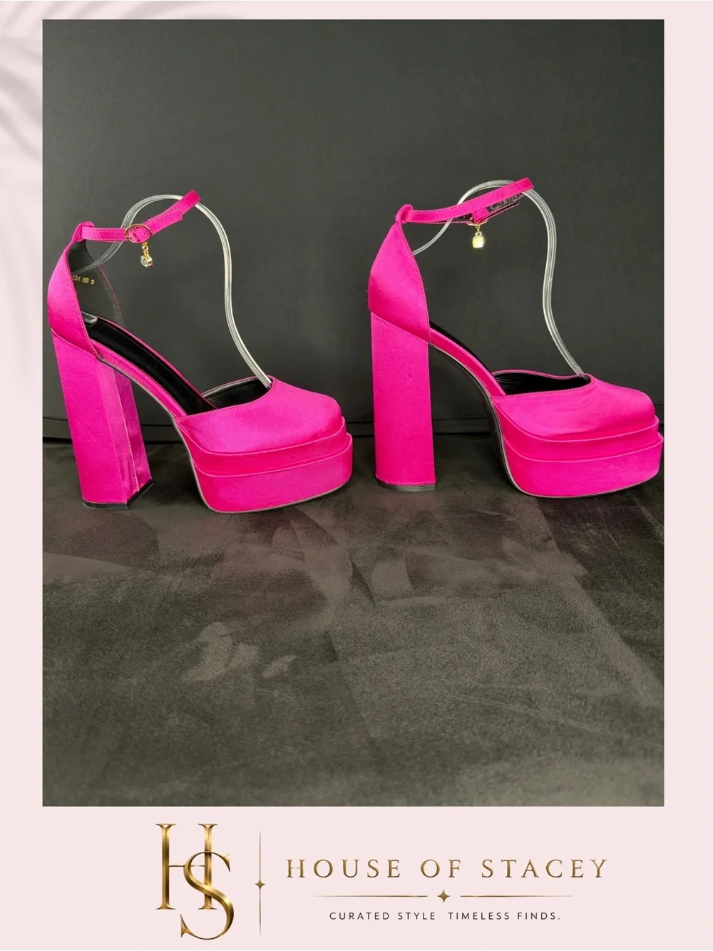 Hot Pink Satin Platform Ankle Strap Block Heels Size 9